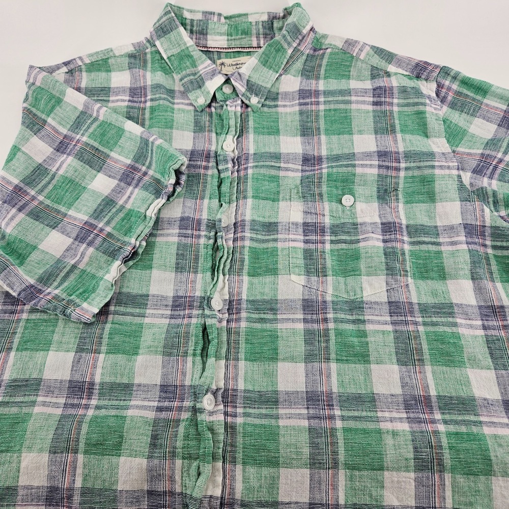 Vintage Weatherproof Mens XXL Green Plaid Linen Cotton Button Up Shirt